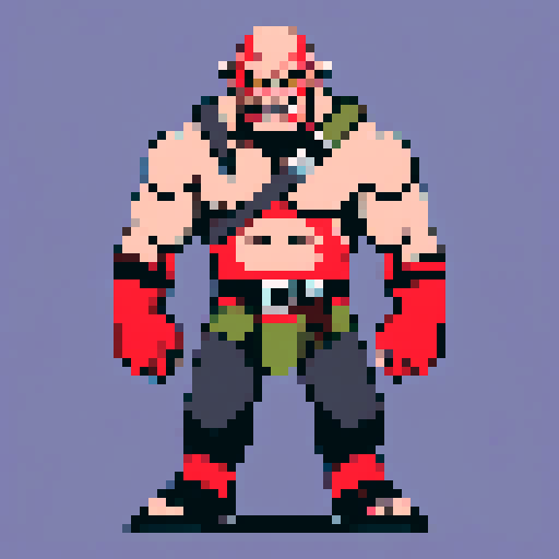 male orc, bald, red eyes, large muscles, angry, shoulders up, pixel art
