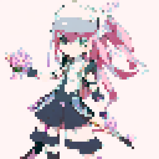 Elegant Sakuya Izayoi glides through a cherry blossom garden, wielding her silver knives with precision, as the vibrant pink petals dance around her in an anime-inspired art style.