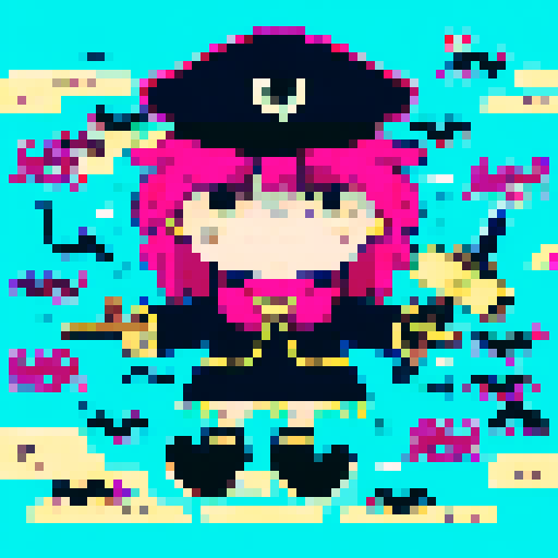 female pirate captain with pink hair, white frilly shirt, and captain's hat holding flintlock pistols on the bow of her ship looking defiant against sinister albatrosses, crabs, and deep sea creatures