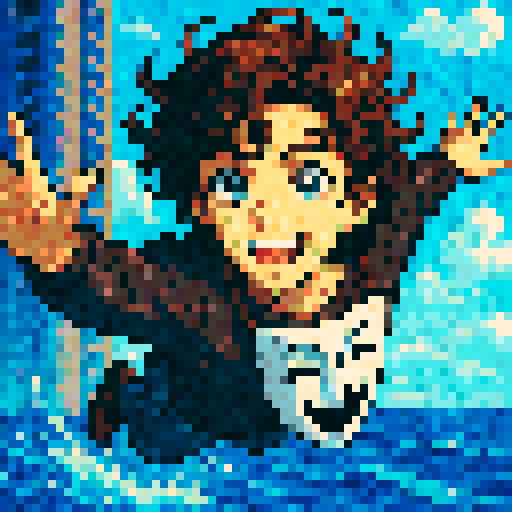 medium length wavy brown haired man falling into the ocean from a skyscraper. Smile on his face. Greek comedy mask. Gray eyes, anime style vibrant. 