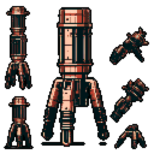 I want a tall vertical copper structure reminiscent of a minigun. It should have strange mechanical details that could interlock with each other. I also want this object usable as an asset in a videogame, meaning only one object per image, outlined with a strong black stroke, on a solid-color background.
