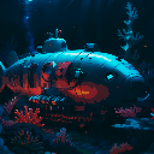 submarine, underwater, colorful, vibrant, retro, 8-bit, pixelated, deep sea, coral reefs, marine life, illuminated, glowing, exploration, portholes, periscope, propellers, mechanical, rivets, vintage, nostalgic