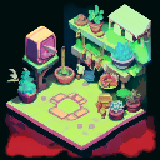 isometric view of a cyberpunk-styled store. Set at night time.
