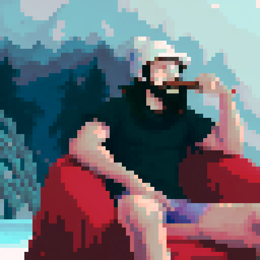 crazy long brown hair, cool guy thinking in his chair, pixel art, sRGB, background landscape