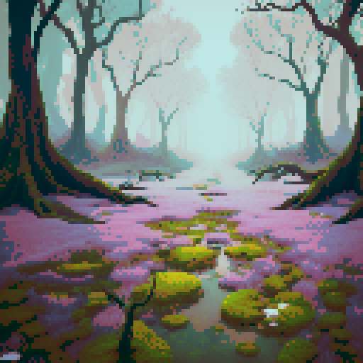 A swampy battleground with a damp, mossy surface in the foreground, angled slightly upward to create depth. The bottom-left corner is clear and open for a player's perspective, while the middle-right features murky water tinged with pinkish-purple hues, surrounded by floating vegetation and gnarled tree roots. The background is shrouded in a hazy mist, with faint outlines of twisted trees completing the eerie atmosphere.