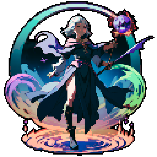 full-body image, sorceress facing right, sorceress ready to fight, evil sorceress, floating, arms out, magic circles, magic power, spell, evil sorceress, evil witch, magic symbols, ultimecia, final fantasy, sRGB, pixel art