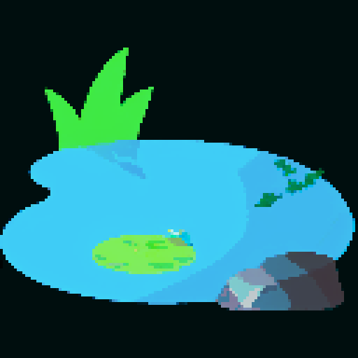 A trout relaxing in the pond, pixel art, vibrant colors, shimmering water, serene atmosphere, lily pads, gentle ripples, sunlight filtering through trees, moss-covered rocks