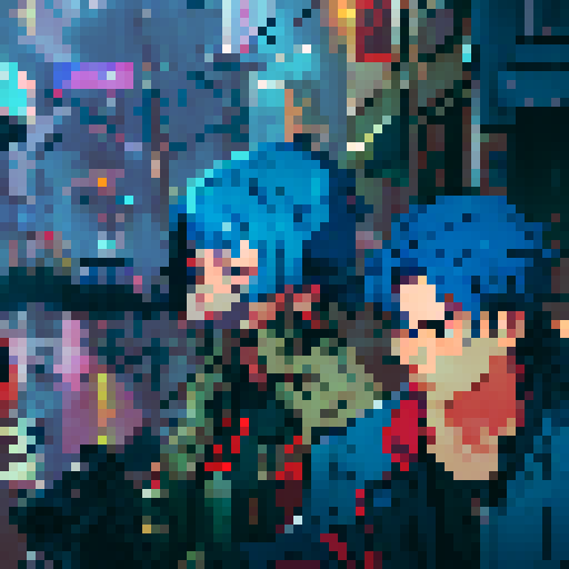 blue haired girl smoking cigarette, and man on the left holding a gun, night time rainy streets, grim