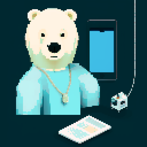 Create a polar bear who is a crypto investor. He is very rich wears jewelry and designer clothes. He is on his phone in his luxury home.