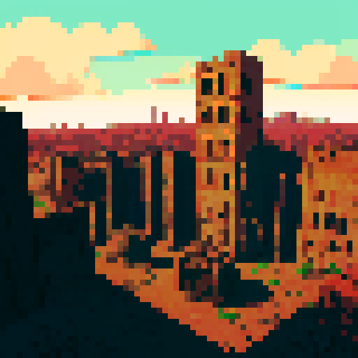 Attack on Titan, towering giants, crumbling cityscape, intense battle, devastated landscapes, bold lines, vibrant colors, pixelated characters, high contrast, dramatic shadows, sRGB palette