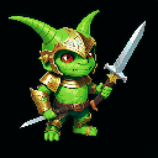 A commanding goblin with intricate armor, a decorated helmet, and a sharp sword. It has a strategic look and a stern expression, leading its troops with authority. No background.
