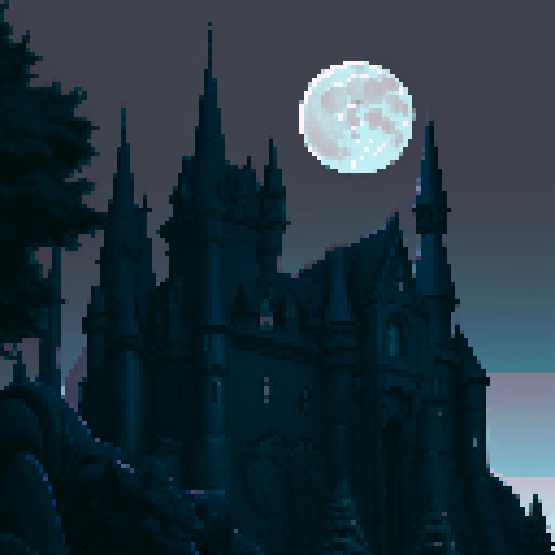 Gargoyles perched atop mossy stone walls, a full moon casting eerie shadows on the Gothic castle's turrets, a misty gray landscape stretching out before it