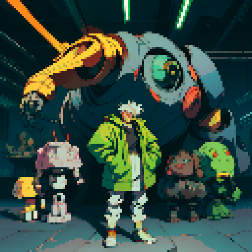 fat mad scientist, facing left, full-body image, exaggerated features, pixelated details, giant robot, mechanical limbs, robot workshop backdrop, sRGB color palette