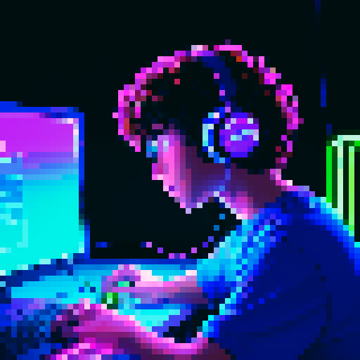 Brunette curly boy developer with headphones, coding on screen, vibrant sRGB pixel art, surrounded by glowing neon lights