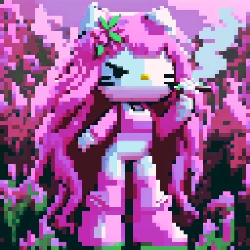 hello kitty smoking a joint with long pink hair bangs, pixel art style HD HIGH QUALITY sanrio hello kitty, field of pink cannabis plants 