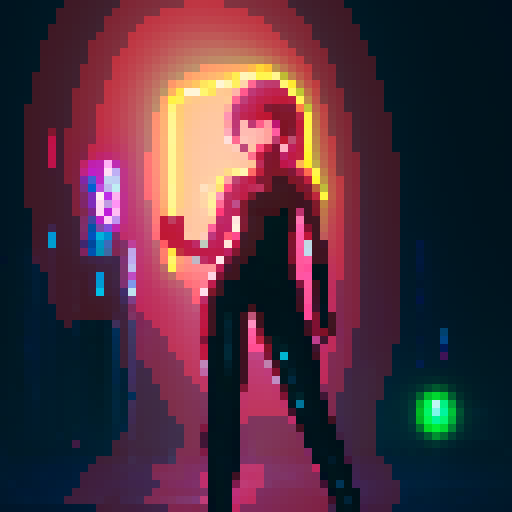 cyberpunk girl, neon sword, iso-view, whole-body, old jrpg style, ready for attack, pixel art, vibrant colors, futuristic cityscape, glowing tattoos, edgy hairstyle, glowing cybernetic eye, urban decay, rain-soaked streets