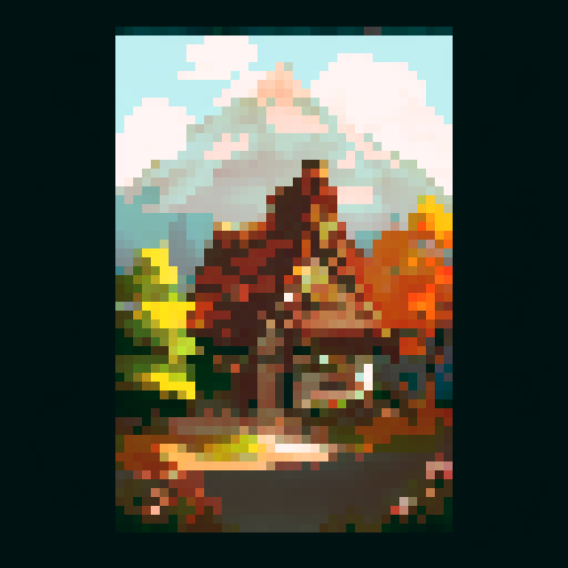 wooden sign, road expand into maple mountain. realistic sunrise casting light