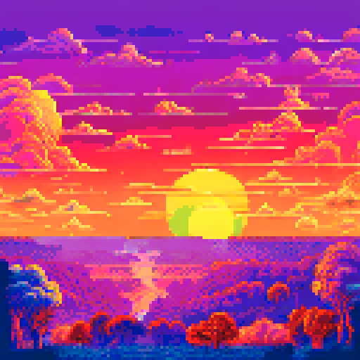 "Orange and pink hues blending seamlessly over the rolling hills of the vast countryside, towering trees marking the edge of a dense forest in the distance, as the sun disappears behind the horizon, casting a warm glow over the pixelated landscape"