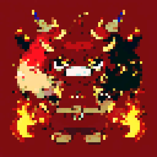 A fierce, fire-breathing dragon-like monster with vibrant red scales, piercing yellow eyes, and sharp, pointed horns, depicted in a character portrait, close up, in an anime style, with intricate pixel art details