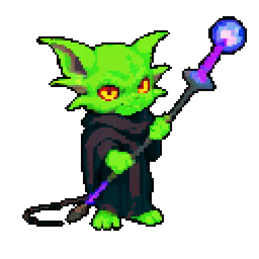 A dark and powerful goblin with arcane symbols, a mystical staff, and an aura of dark magic. It has glowing eyes and a sinister expression, capable of casting powerful spells. No background.

