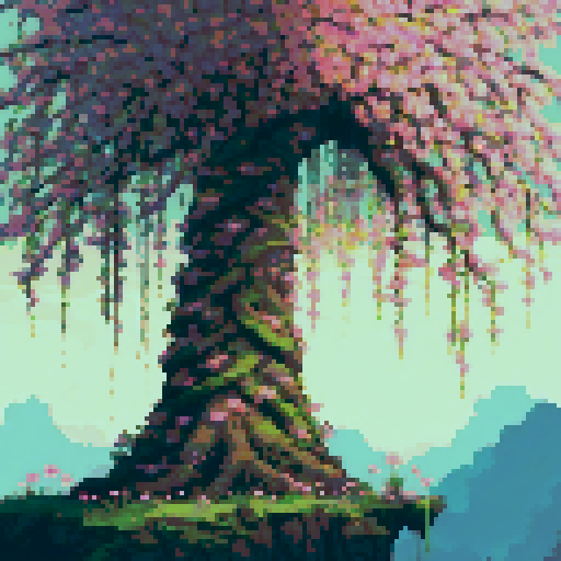 A towering tree dripping with luminous flowers