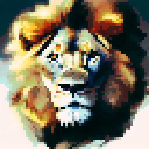 lion, majestic, mane flowing, golden fur, fierce gaze, rugged terrain, vast savannah, distant mountains, dramatic sky, surreal colors, ethereal light, soft brushstrokes, detailed features, textured background, captivating composition