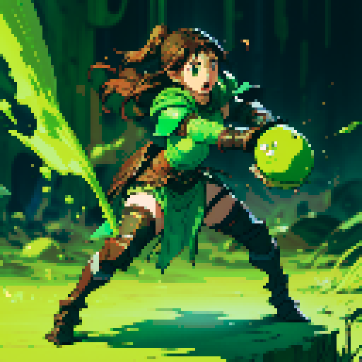 slime slamming into a hero, impact, splattering, full-body image, hero has brown hair and metal armor, slime is green