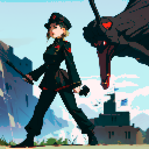 full-body image, military general woman, black uniform, black hat, army behind her, fortress, evil