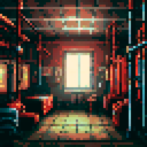 year 1937 coal room, interior, red rusty heat machine, pipes and pieces on opened blue closets,  small electric lamp ceiling, moody, vga graphics, 256 color palette, graphical adventure videogame, pixel-art