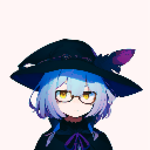 male, symmetrical face, closed mouth, yellow eyes, hair between eyes, solo male, straight-on, facing viewer, light blue hair, bob cut, white pupils, tsurime, pepekekeko, long bangs, flowing sleeves, capelet, perfect anatomy, blunt bangs, intricate details, witch hat, feather, glasses, pixel art, sRGB, anime, grumpy