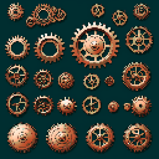 I want a copper gear that looks like it was made by a master clockmaker. It should have strange mechanical details that could interlock with each other. I also want this object usable an asset in a videogame, meaning only one object per image, outlined with a strong black stroke, on a solid-color background.