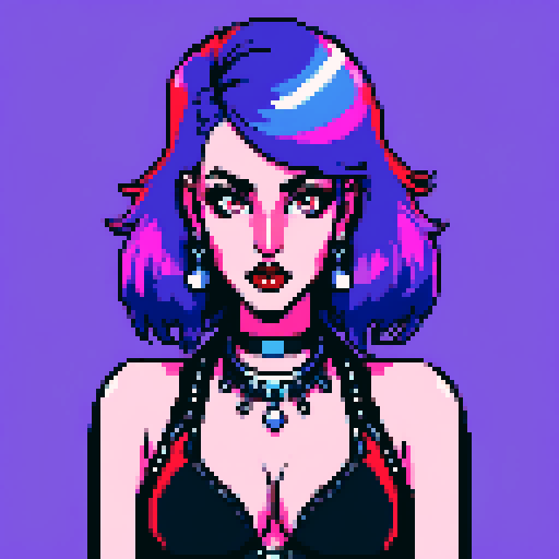 busty greaser goth girl, with long purple hair, blue eyeshadow, red lipstick. wearing bikini, studded collar. Posing for a whole head portrait, avatar photo. vibrant sRGB colors, pixel art, edgy aesthetic