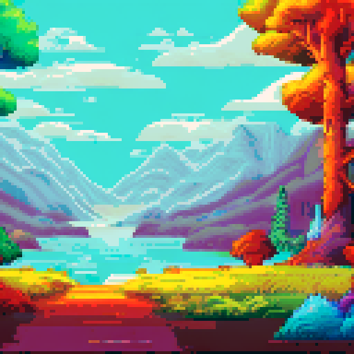 a serene landscape of trees and water, and a sunrise. use of colors of red blue yellow and green.