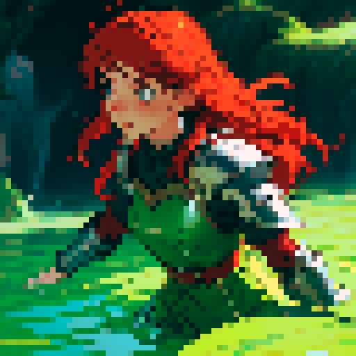 hero sinking into slime, hero drowning in slime, hero has red hair, hero has silver armor