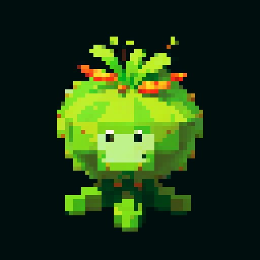 A slightly larger plant-like creature with more defined features, bark-like skin, and budding flowers. It has a friendly expression and a sturdy build. No background.

