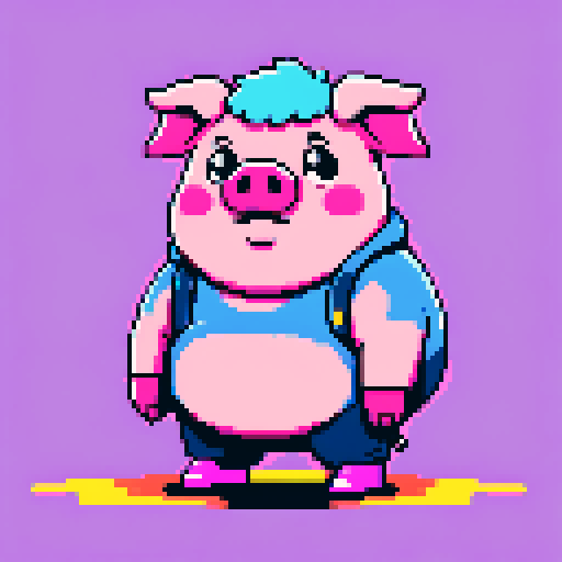fat pig character, cute and chubby, with pink skin and a snout, depicted in vibrant pixel art with sRGB colors