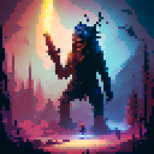 communist zombie game character with red eyes, decaying flesh, tattered red banner, wielding a rusty sickle, surrounded by mystical blue flames, in a dark forest, with glowing mushrooms and towering trees, reminiscent of a fantasy RPG