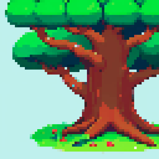Tree, adorable, game asset, Earthbound-style pixel art, vibrant colors, detailed leaves, whimsical branches, cartoonish trunk, playful textures, nostalgic vibes