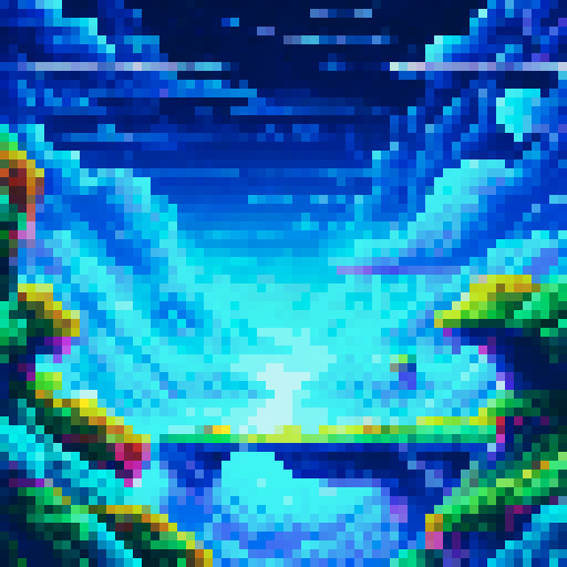 Celestial Skywalk, vibrant floating islands, ethereal atmosphere, interconnecting platforms, ever-changing cosmic display, shooting stars, nebulae, auroras, sRGB, pixel art, background landscape