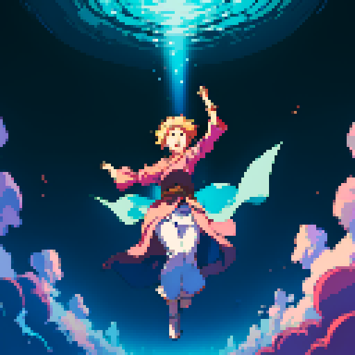 full-body image of hero slowly floating down from the sky inside of a beam of light