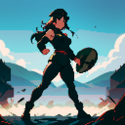 full-body image, muscle girl, female, thick biceps, big shoulders, big fists, muscular physique, thick waist, facing left, ready to fight, exaggerated proportions, black military uniform, black hat, military backdrop, sRGB, pixel art, army behind her, military behind her, army in background, army, soldiers, evil, dark, evil soldiers, black uniforms, destroyed town, battlefield