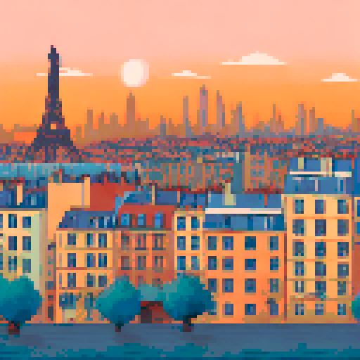 Parisian rooftops at sunset, with warm hues bleeding into the sky and the Eiffel Tower in the distance, all rendered in a nostalgic, pixelated style reminiscent of classic video games