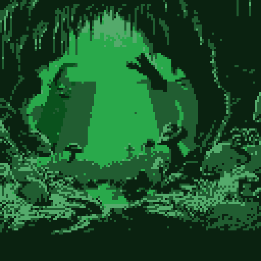 Dark, eerie cave entrance with glowing, mushrooms lining the walls, casting an otherworldly light onto the rugged, moss-covered ground, creating a mysterious and enchanting pixel art background