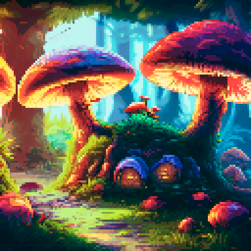 fantasy mushroom hut with fairies flying, whimsical pastel-colored leaves, light shining through trees, landscape
