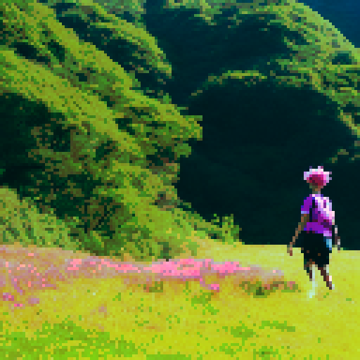 Boy with spiky hair and girl with pigtails, both wearing colorful outfits, dashing through a field of lush green grass with pink flowers, surrounded by a picturesque mountain landscape, all in vibrant anime style
