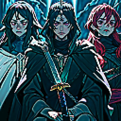 three men, king and his retinue, crown, light at the kind, dark place, king with sword, cant see eyes, eyes darken
