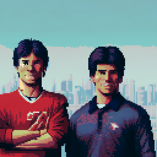 Tecmo Bow Style Football Field, vibrant orange and light blue colors, pixelated grass, goalposts, players in retro uniforms, stadium lights shining, fans cheering, scoreboard displaying the score, sRGB palette, pixel art aesthetic, detailed crowd, dynamic action shots, nostalgic atmosphere