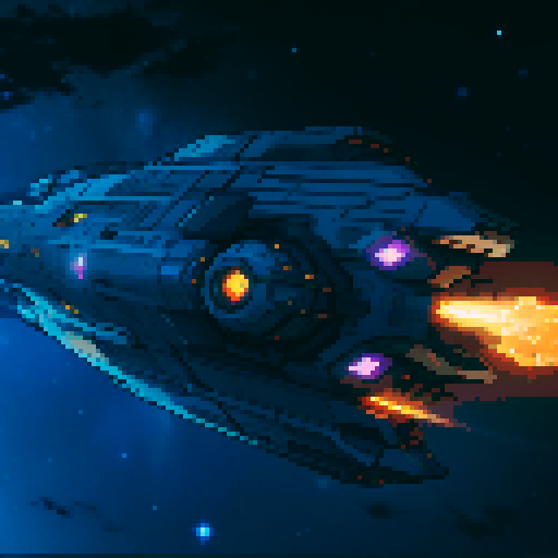 spaceship with sleek metallic exterior, glowing engine fires, starry backdrop, vibrant pixel art, sRGB colors
