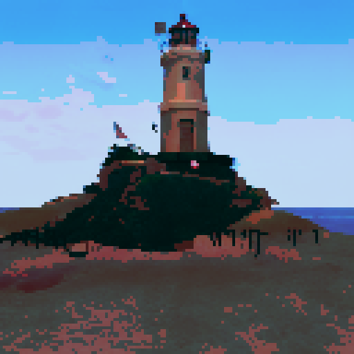 Lighthouse standing tall, surrounded by crashing waves, against a vibrant sunset sky, in a landscape portrait style