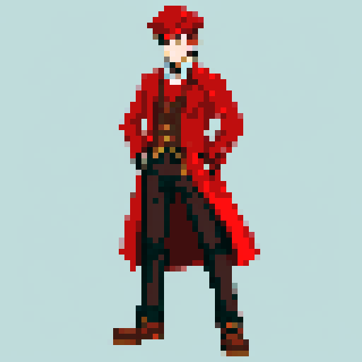 steampunk young man, red coat, red hat, 2D game stance, pixel art, sRGB, full body